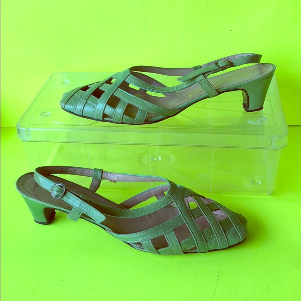 Green leather sandals adjustable kitten heel